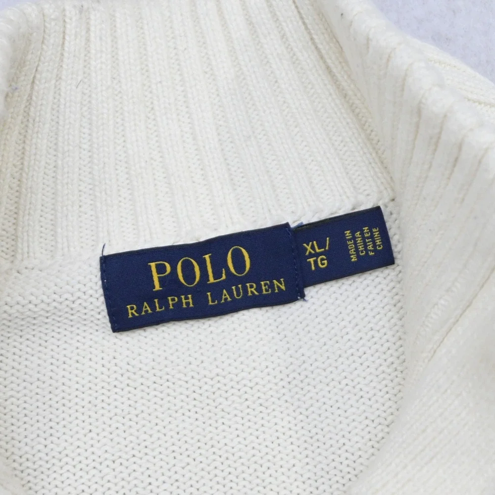 Polo Ralph Lauren Knit Sweater Mens XL Cream Mock Neck Cotton Pullover 3 Button